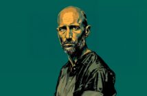 A digital illustration of a serious, bald man with a beard and mustache, wearing a dark shirt, set against a solid teal background.