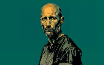 A digital illustration of a serious, bald man with a beard and mustache, wearing a dark shirt, set against a solid teal background.