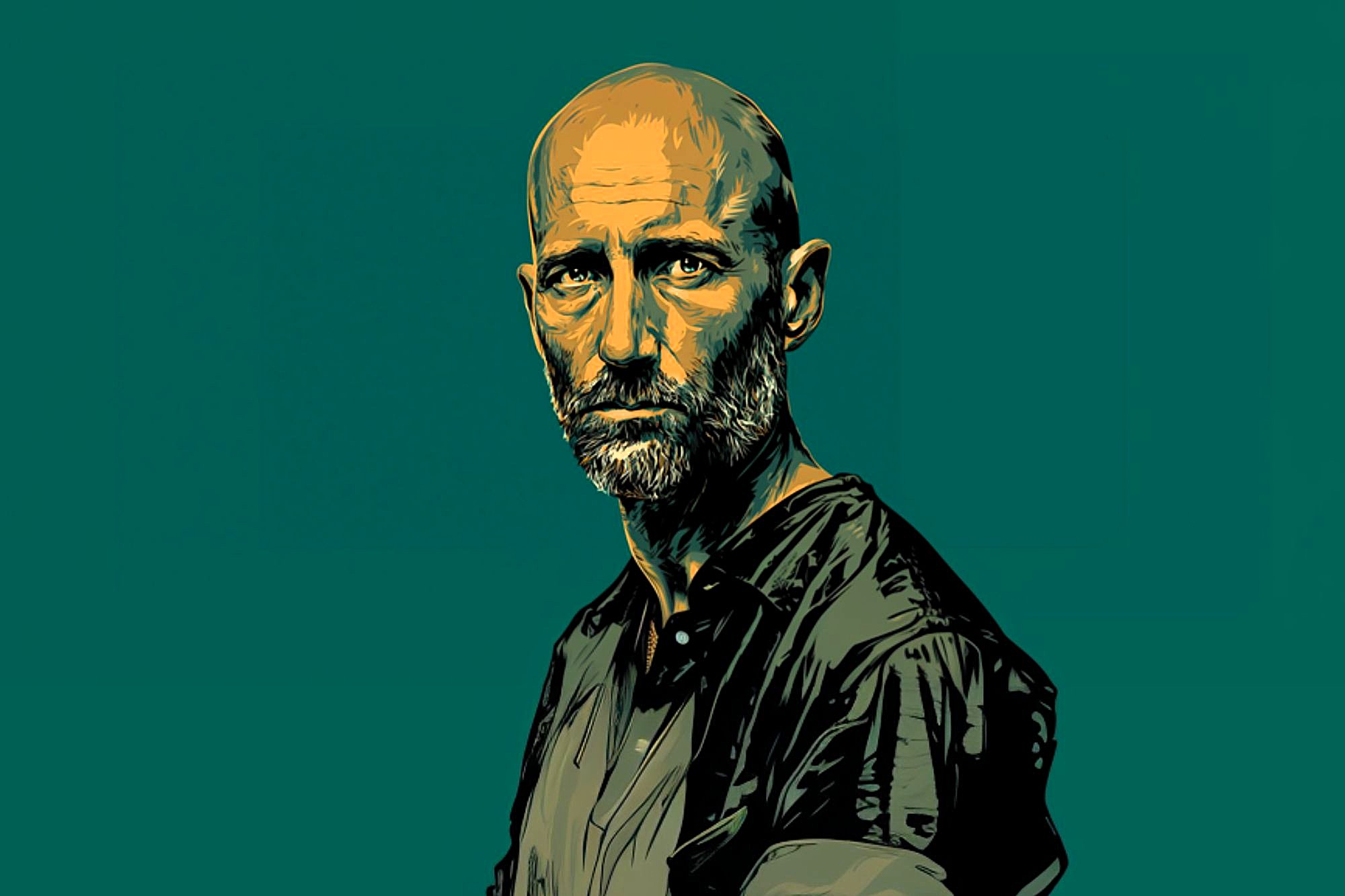 A digital illustration of a serious, bald man with a beard and mustache, wearing a dark shirt, set against a solid teal background.