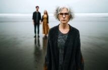 An older woman with gray hair and glasses stands on a foggy beach, looking at the camera, while a man and a woman hold hands in the blurred background near the shoreline.