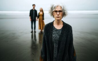 An older woman with gray hair and glasses stands on a foggy beach, looking at the camera, while a man and a woman hold hands in the blurred background near the shoreline.