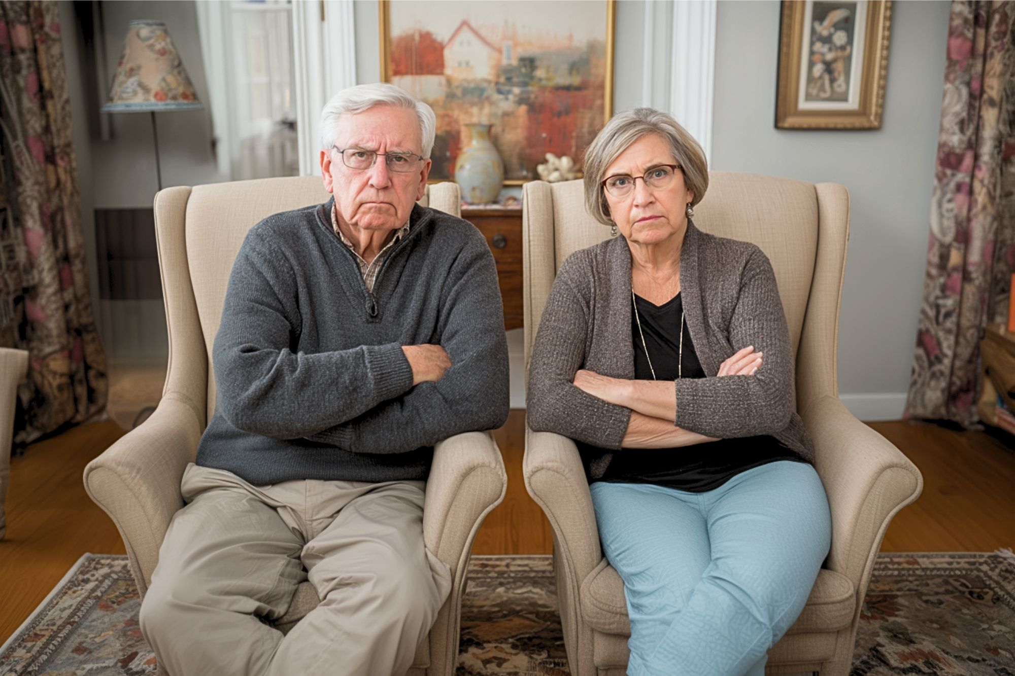 An older man and woman with gray hair sit side by side in beige armchairs, arms crossed and looking serious, in a cozy living room with paintings and decor in the background.
