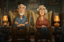 An animated illustration of an elderly man and woman sitting in armchairs with arms crossed, both looking serious. The room is dimly lit with two orange lamps on side tables and decorated with framed pictures on the walls.