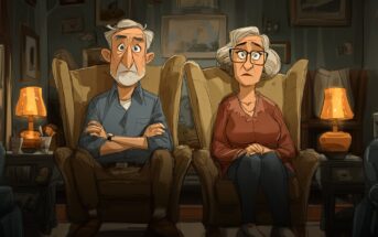 An animated illustration of an elderly man and woman sitting in armchairs with arms crossed, both looking serious. The room is dimly lit with two orange lamps on side tables and decorated with framed pictures on the walls.
