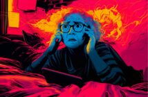 An elderly woman with curly hair and glasses looks anxious while holding a phone to her ear; vivid, swirling neon colors and abstract flames surround her in a dramatic, stylized digital illustration.