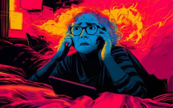 An elderly woman with curly hair and glasses looks anxious while holding a phone to her ear; vivid, swirling neon colors and abstract flames surround her in a dramatic, stylized digital illustration.