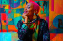 A woman with bright pink hair smiles while looking to the side, resting her chin on her hand. She wears colorful earrings, a multicolored scarf, and sits in front of a vibrant, abstract painted background.