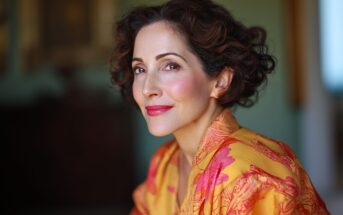 A woman with short, curly brown hair and radiant skin smiles gently while wearing a colorful yellow and orange patterned robe. She is indoors with a softly blurred background.