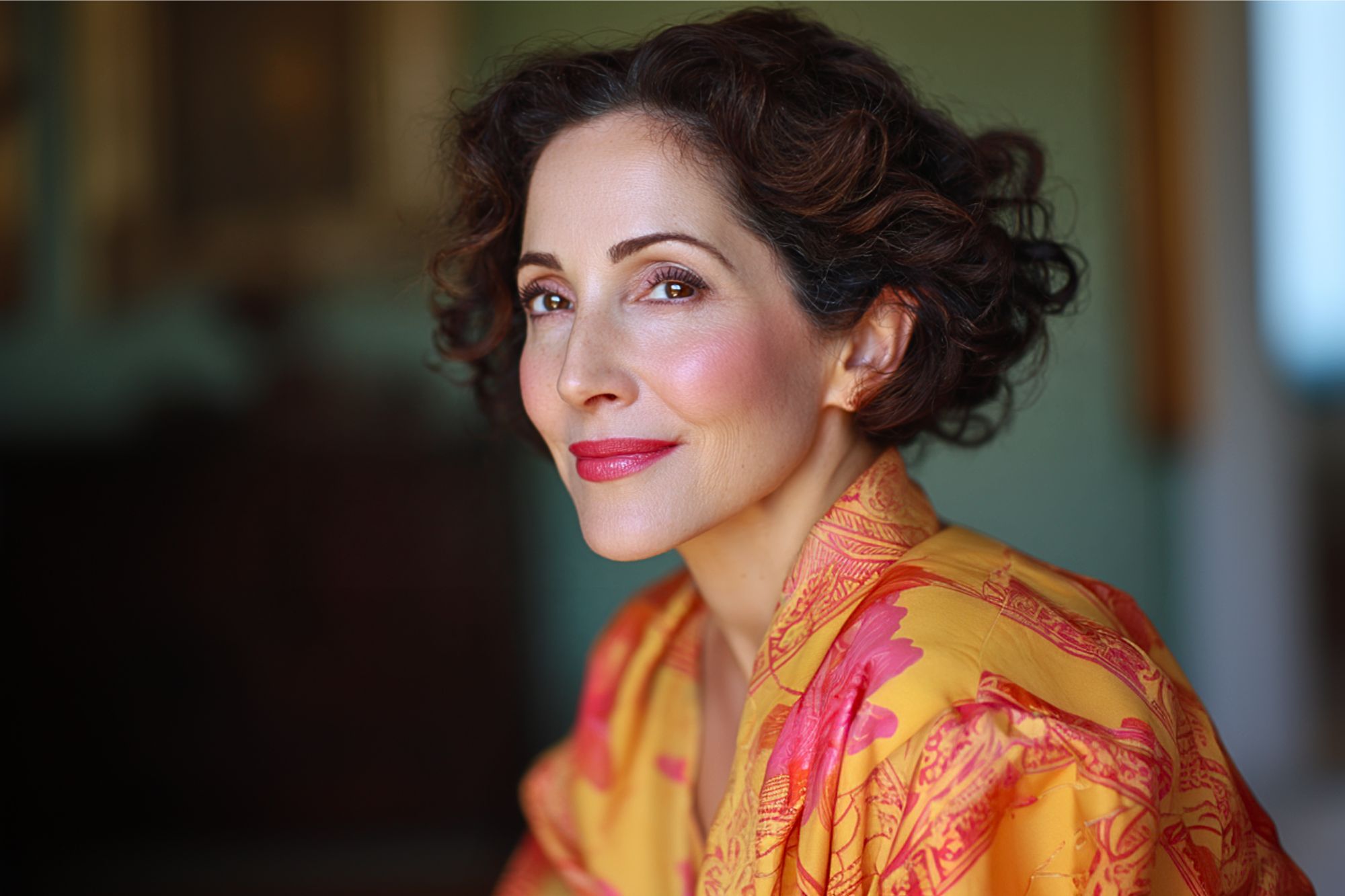 A woman with short, curly brown hair and radiant skin smiles gently while wearing a colorful yellow and orange patterned robe. She is indoors with a softly blurred background.