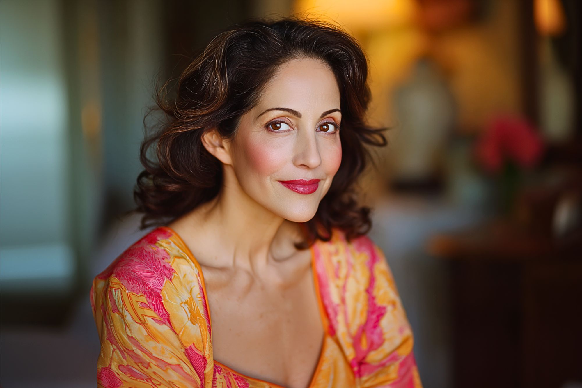 A woman with wavy brown hair and natural makeup smiles softly, wearing a yellow and pink floral dress. She is indoors with soft, warm lighting and a blurred background featuring flowers and decor.