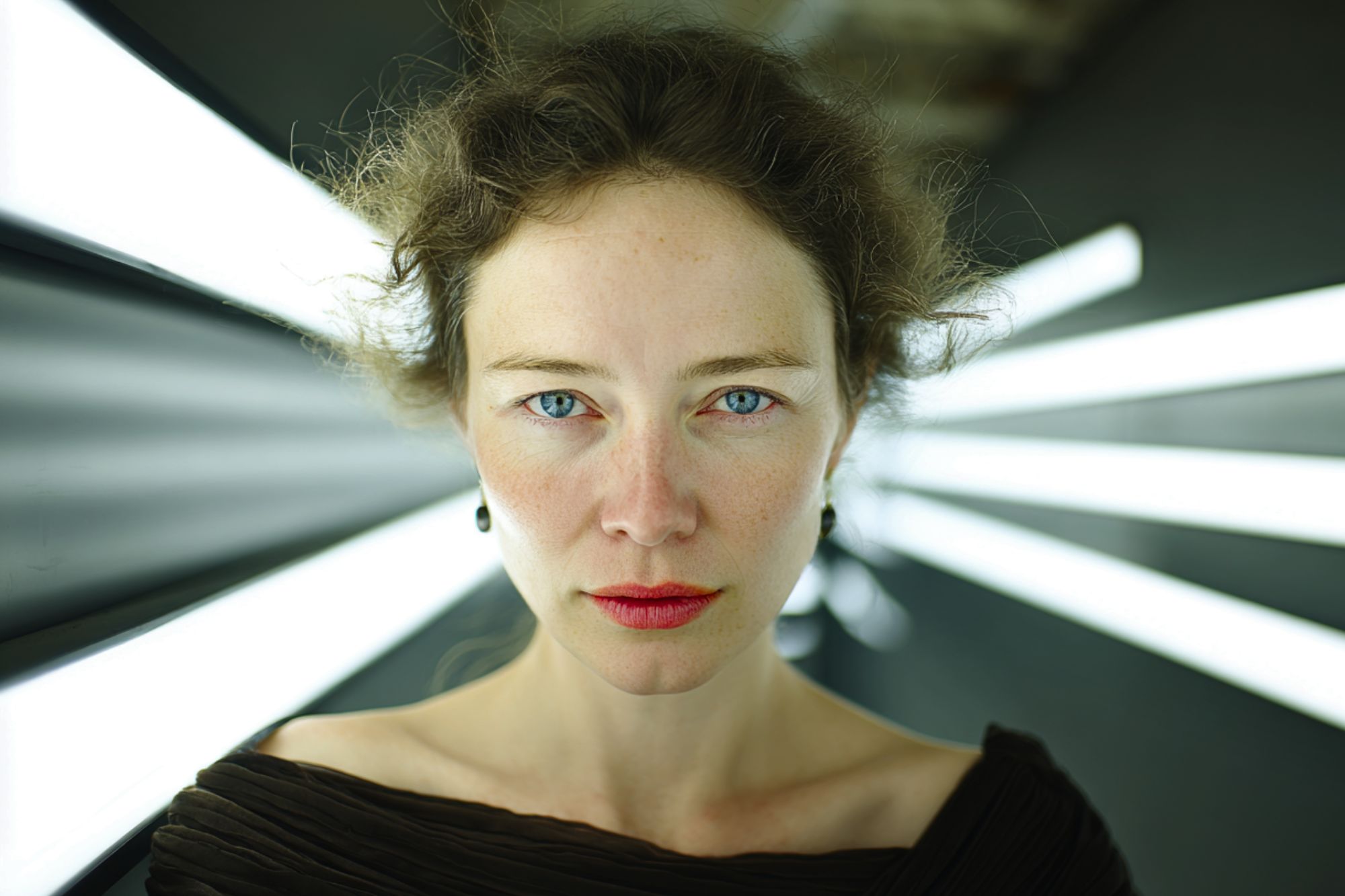 A woman with curly hair and red lipstick stares directly at the camera, standing in front of bright, white lights that radiate outward in a dark, futuristic setting.