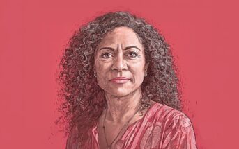 A digital illustration of a woman with long, curly hair wearing a patterned pink blouse, shown from the shoulders up against a solid pink background. She has a calm, serious expression.