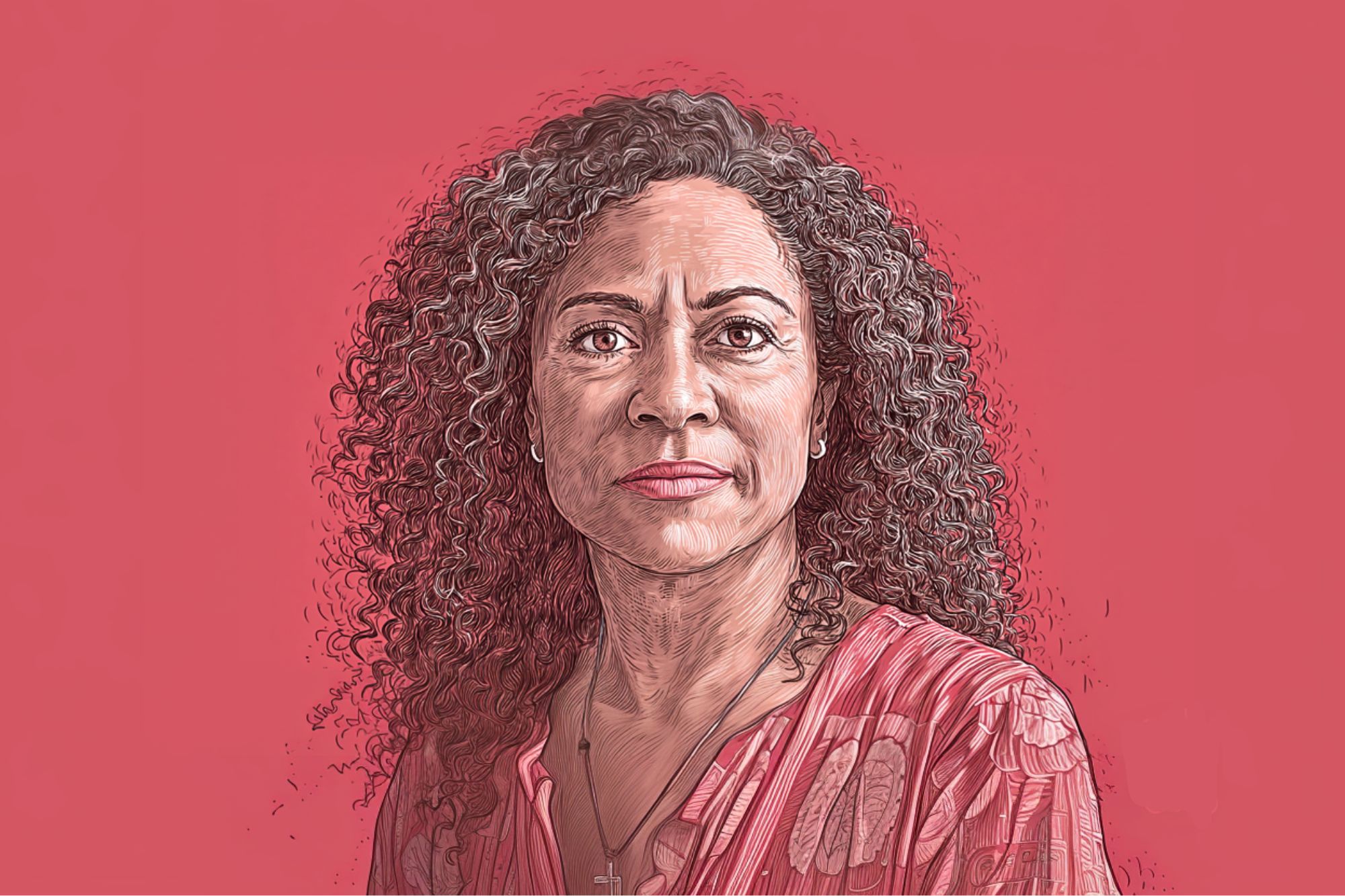 A digital illustration of a woman with long, curly hair wearing a patterned pink blouse, shown from the shoulders up against a solid pink background. She has a calm, serious expression.