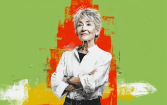 An older woman with short gray hair stands confidently with arms crossed, wearing a white shirt. The background is green with bold orange and yellow brush strokes behind her.