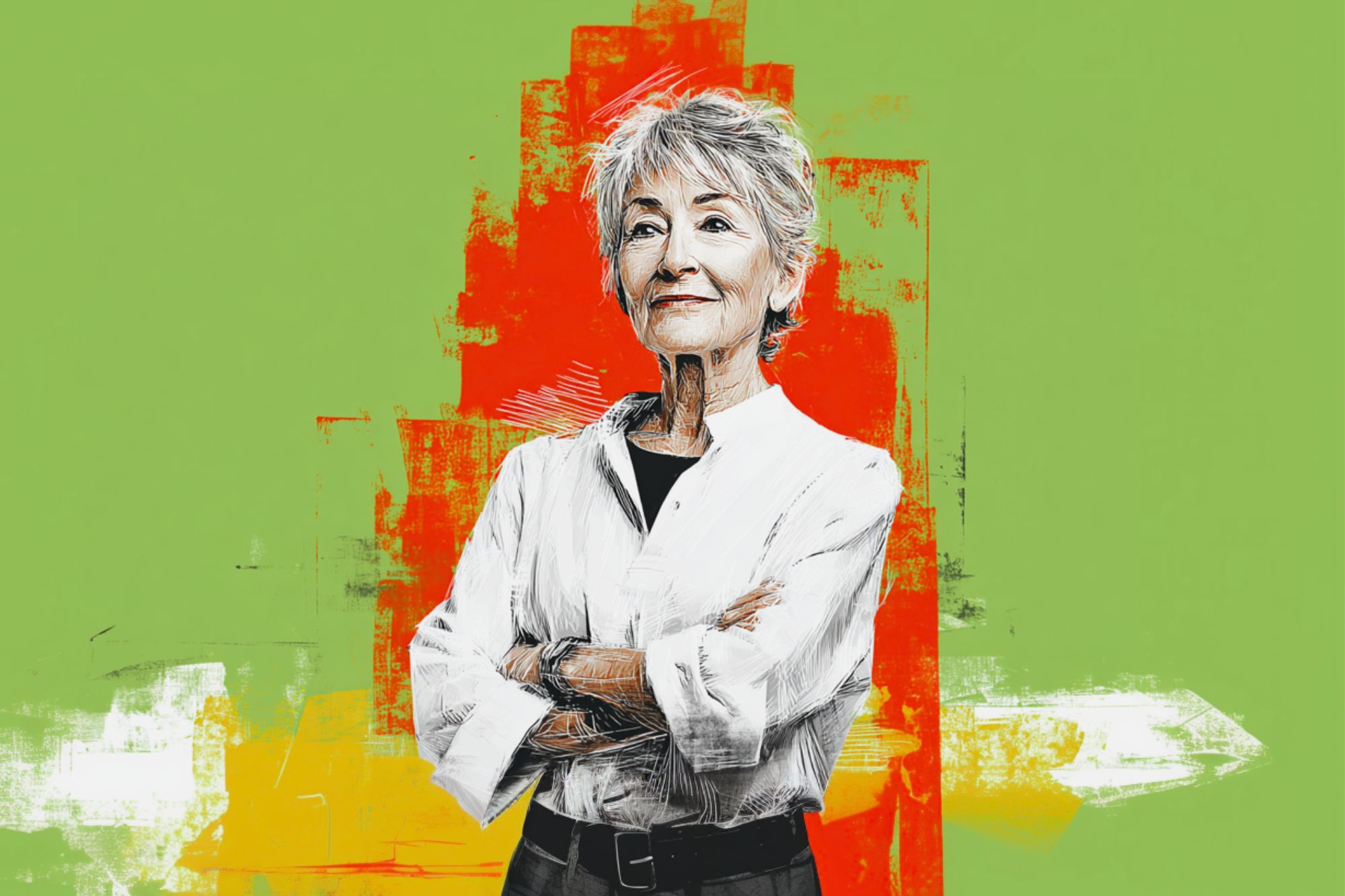 An older woman with short gray hair stands confidently with arms crossed, wearing a white shirt. The background is green with bold orange and yellow brush strokes behind her.