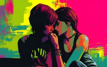 Two young women sit close together against a vibrant, colorful background of yellow, pink, and blue. They lean in with their foreheads touching, sharing an intimate and affectionate moment.