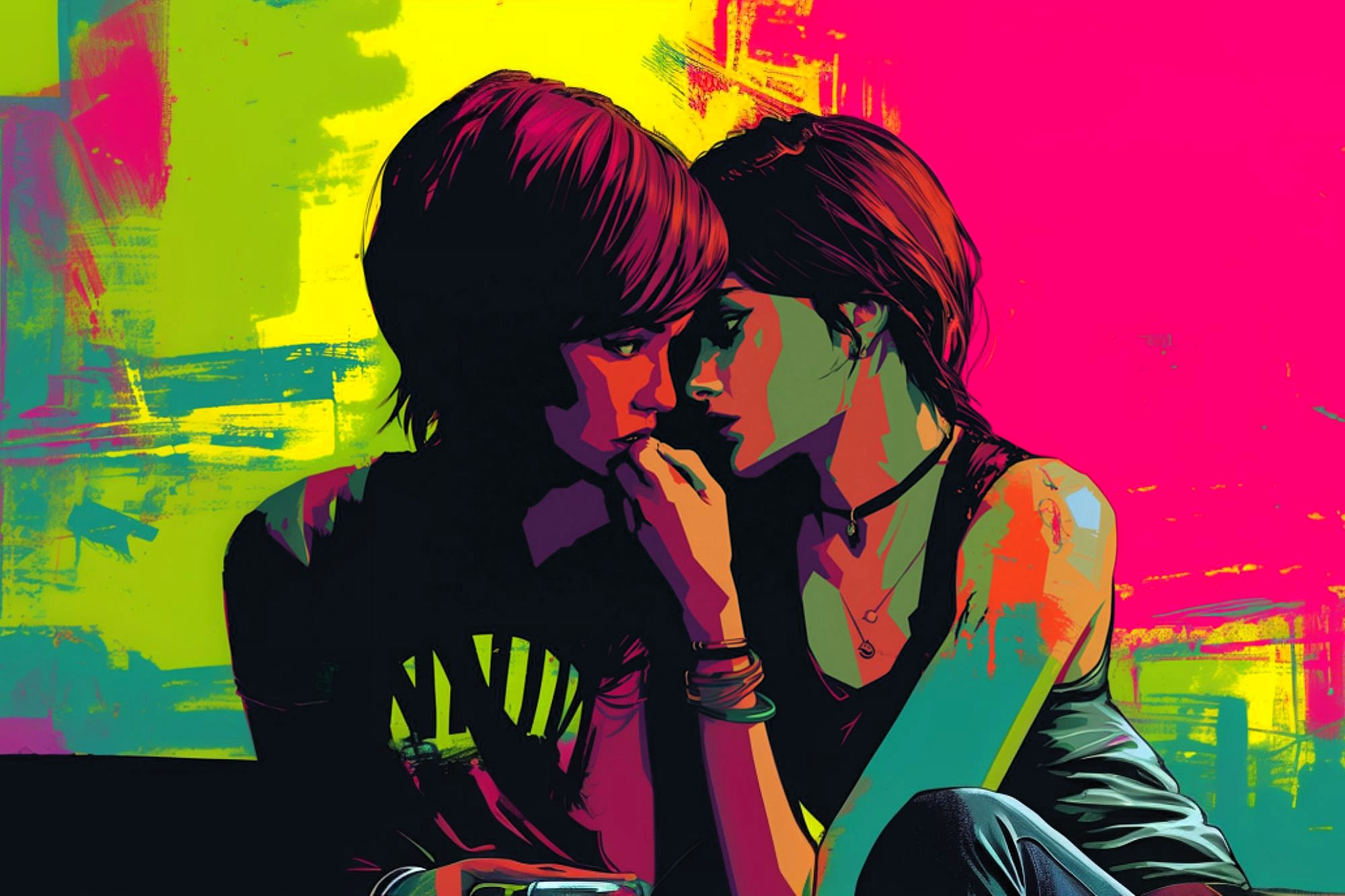 Two young women sit close together against a vibrant, colorful background of yellow, pink, and blue. They lean in with their foreheads touching, sharing an intimate and affectionate moment.