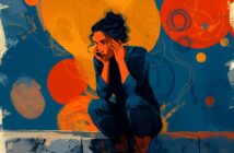 A woman with dark hair sits on a curb, holding her head in her hands. She appears thoughtful or anxious. The background is abstract, with vibrant orange and blue swirls and circles.