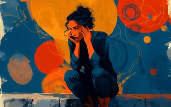 A woman with dark hair sits on a curb, holding her head in her hands. She appears thoughtful or anxious. The background is abstract, with vibrant orange and blue swirls and circles.
