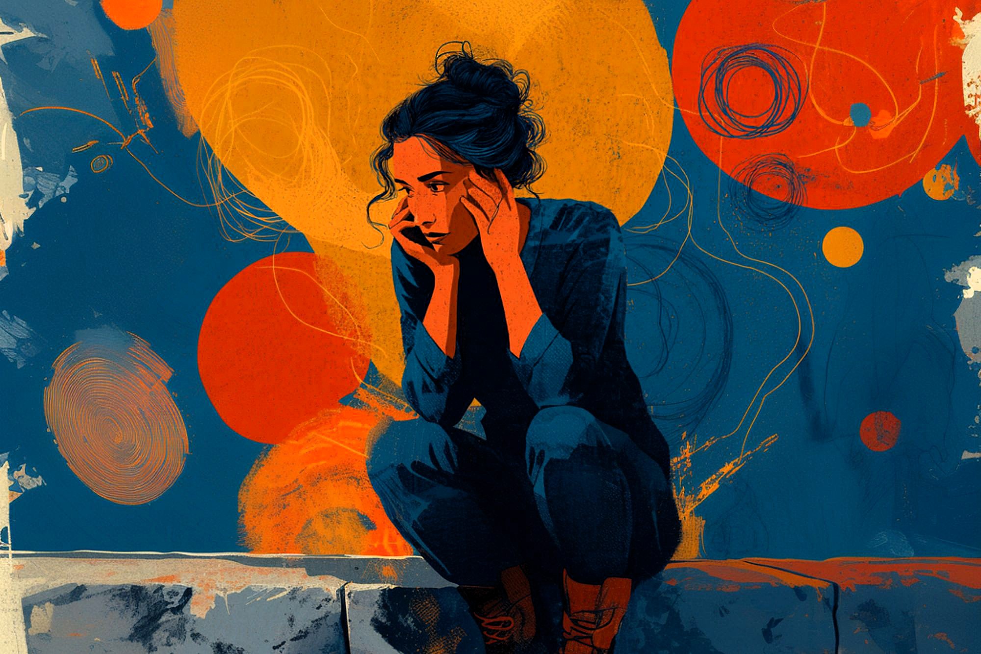 A woman with dark hair sits on a curb, holding her head in her hands. She appears thoughtful or anxious. The background is abstract, with vibrant orange and blue swirls and circles.