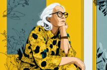 An elderly woman with long white hair and glasses, wearing a yellow patterned dress, sits thoughtfully with her chin resting on her hand against a colorful background of blue, yellow, and floral designs.