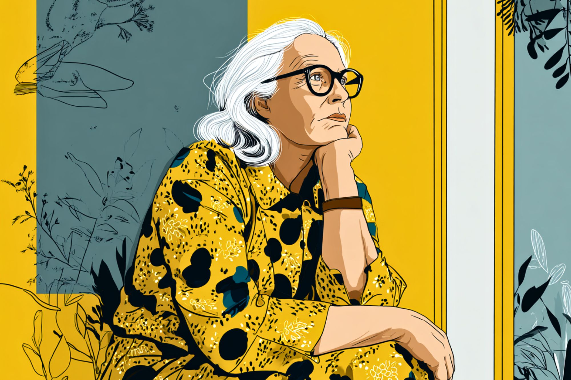 An elderly woman with long white hair and glasses, wearing a yellow patterned dress, sits thoughtfully with her chin resting on her hand against a colorful background of blue, yellow, and floral designs.