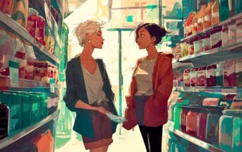 Two women stand facing each other in a brightly lit grocery store aisle, holding a shopping list and talking. Shelves around them are stocked with various colorful items and bottles.