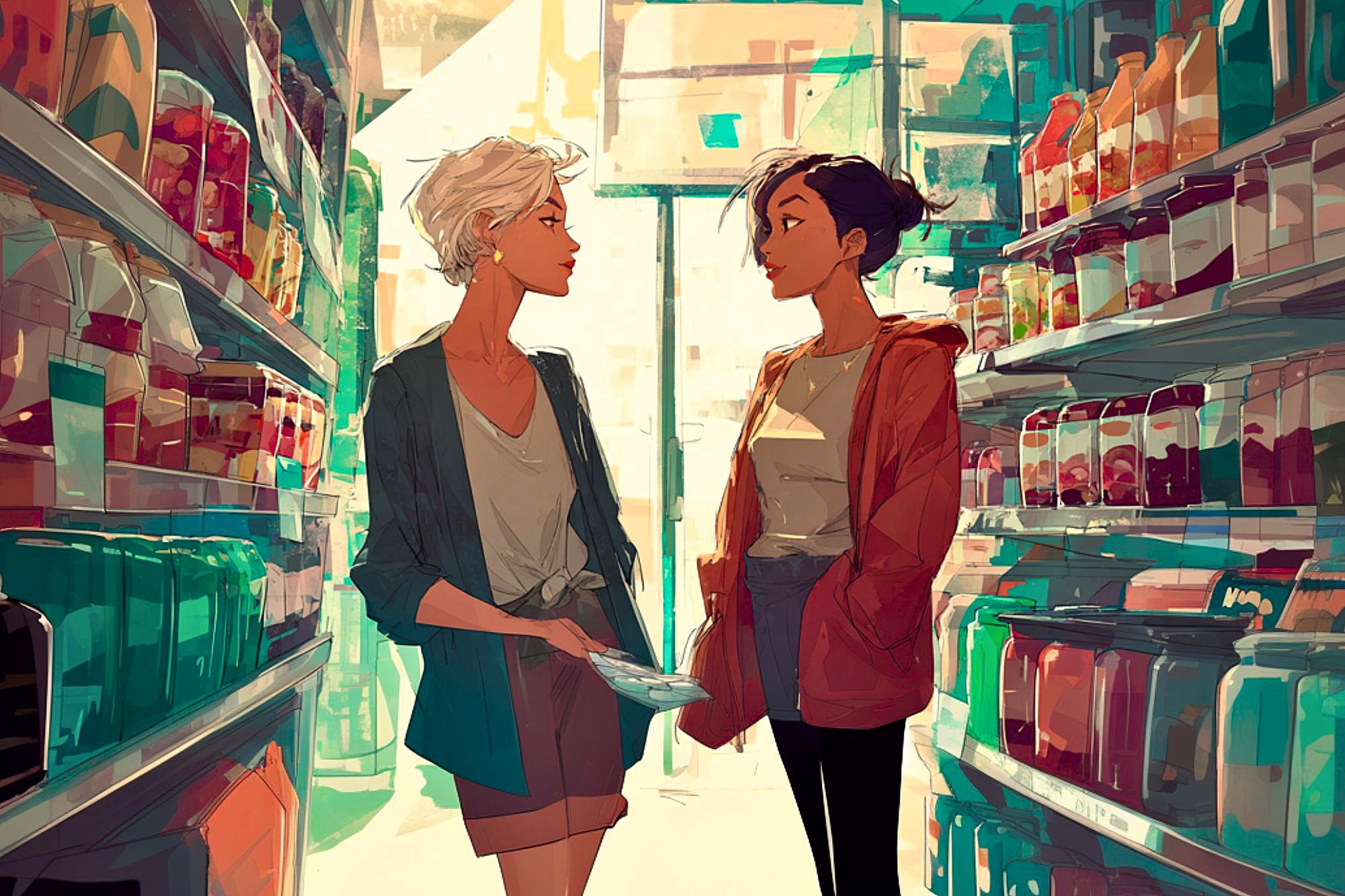 Two women stand facing each other in a brightly lit grocery store aisle, holding a shopping list and talking. Shelves around them are stocked with various colorful items and bottles.