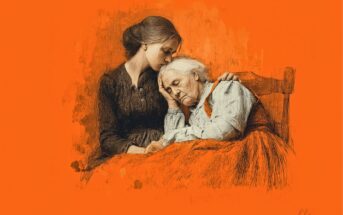 A digital drawing of a young woman comforting an elderly woman, who rests her head on the young woman’s shoulder. Both appear emotional. The background is a solid orange color.
