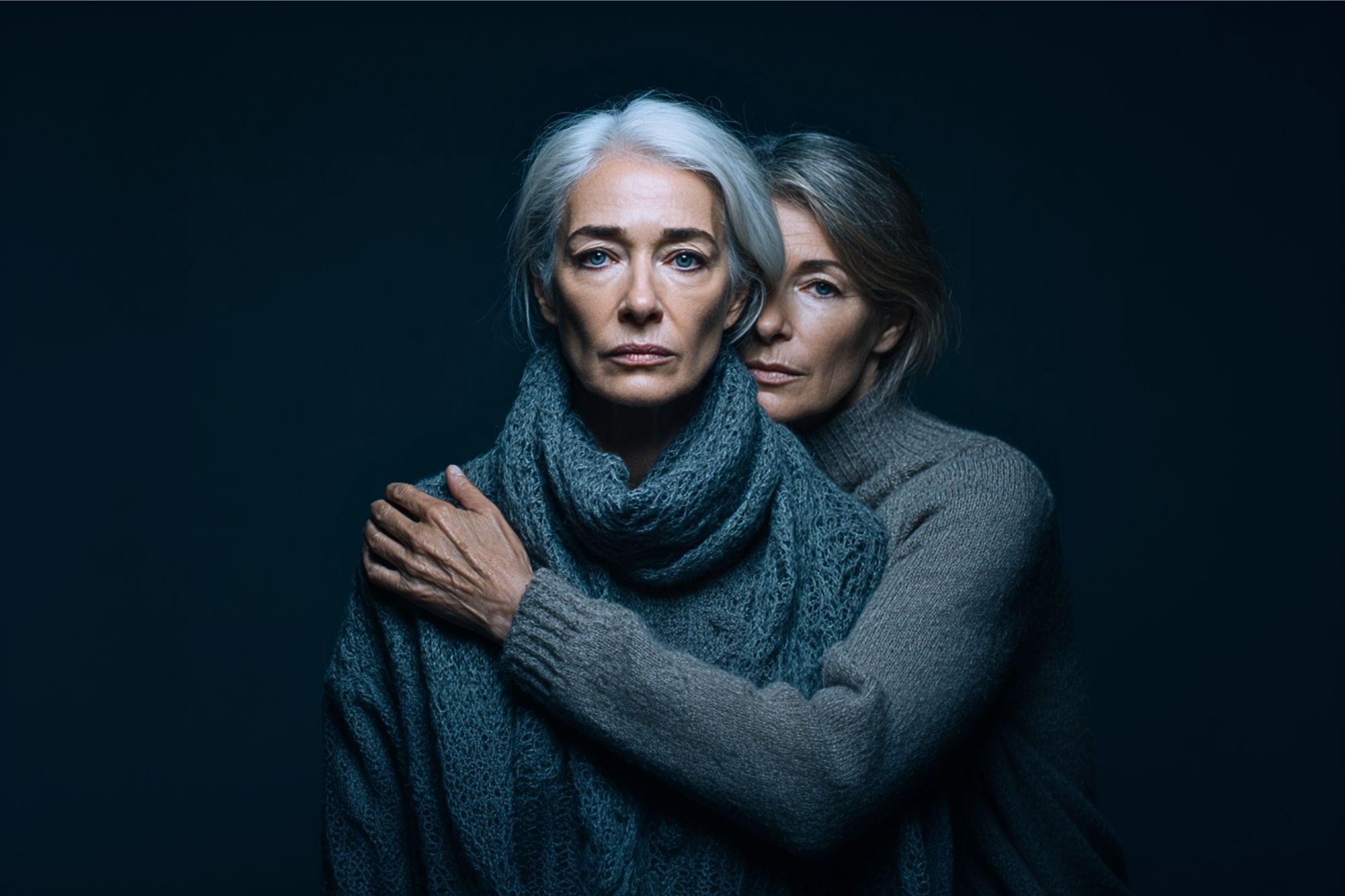 Two mature women with gray hair pose closely together against a dark background. One woman stands behind the other, gently embracing her, both wearing warm knit sweaters and gazing seriously at the camera.