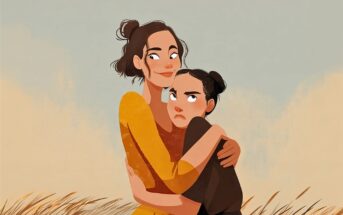 Two animated women stand in a field; one smiles and hugs the other, who looks annoyed with arms crossed. Both have dark hair in buns, and they wear yellow and black outfits. The background is soft and muted.