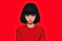 Illustration of a young woman with a short black bob haircut and bangs, wearing a red shirt, staring intensely forward against a solid bright red background.