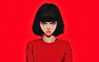 Illustration of a young woman with a short black bob haircut and bangs, wearing a red shirt, staring intensely forward against a solid bright red background.