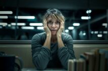 A woman sits at a table with her hands on her cheeks, looking tired and stressed. She is surrounded by books, and the background is dimly lit with blurry lights, suggesting a late-night study or work session.