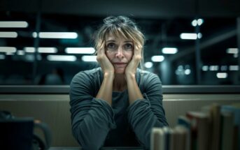 A woman sits at a table with her hands on her cheeks, looking tired and stressed. She is surrounded by books, and the background is dimly lit with blurry lights, suggesting a late-night study or work session.