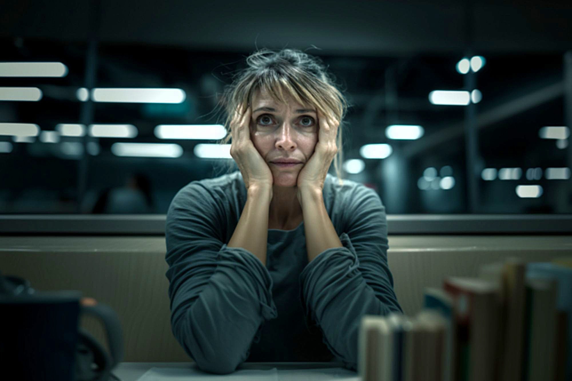A woman sits at a table with her hands on her cheeks, looking tired and stressed. She is surrounded by books, and the background is dimly lit with blurry lights, suggesting a late-night study or work session.