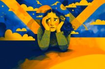 An illustration of a worried woman resting her head in her hands, surrounded by abstract clouds and sun shapes in blue and yellow tones, evoking a sense of anxiety or contemplation.