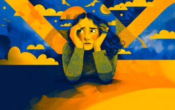 An illustration of a worried woman resting her head in her hands, surrounded by abstract clouds and sun shapes in blue and yellow tones, evoking a sense of anxiety or contemplation.