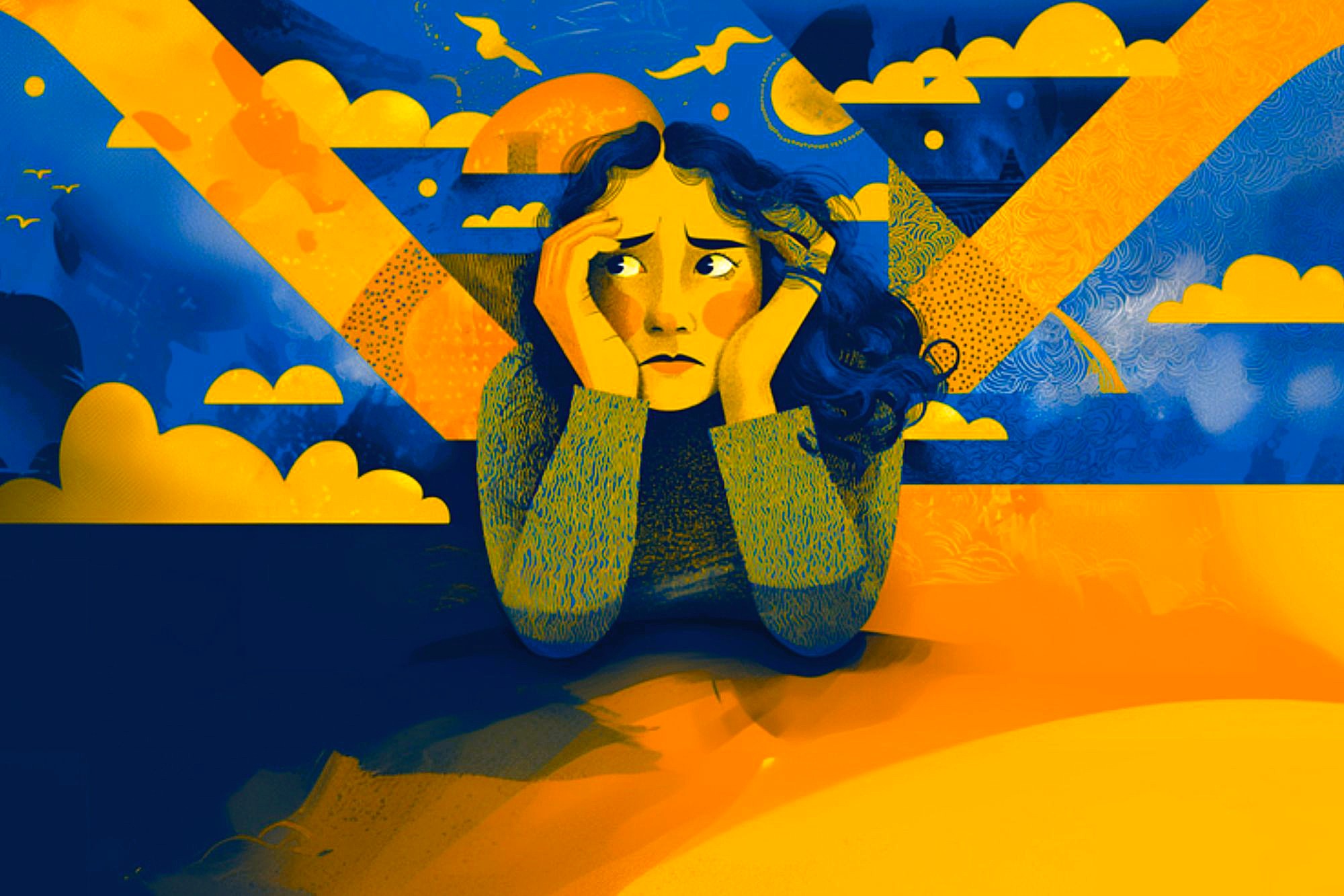 An illustration of a worried woman resting her head in her hands, surrounded by abstract clouds and sun shapes in blue and yellow tones, evoking a sense of anxiety or contemplation.
