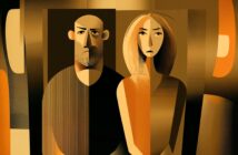 Abstract illustration of a man with a beard and a woman with long hair, both with serious expressions, created in warm shades of brown, gold, and orange, using geometric shapes and stylized lines.