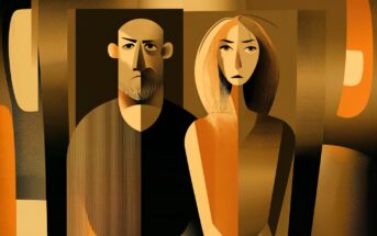 Abstract illustration of a man with a beard and a woman with long hair, both with serious expressions, created in warm shades of brown, gold, and orange, using geometric shapes and stylized lines.