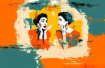 Digital painting of two surprised women facing each other, both wearing orange tops against an abstract orange, teal, and yellow background with expressive brushstrokes.