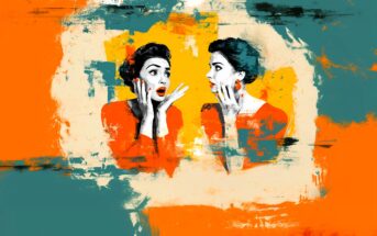 Digital painting of two surprised women facing each other, both wearing orange tops against an abstract orange, teal, and yellow background with expressive brushstrokes.