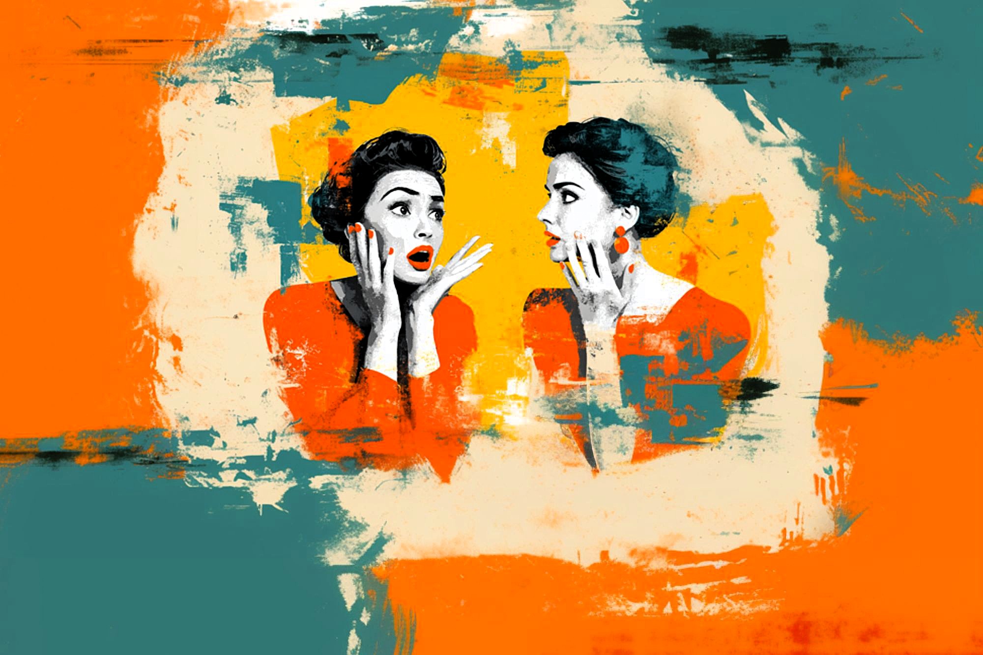 Digital painting of two surprised women facing each other, both wearing orange tops against an abstract orange, teal, and yellow background with expressive brushstrokes.