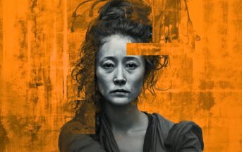 A grayscale portrait of a woman with curly hair and a serious expression, set against an abstract orange background with textured and painted elements. An orange rectangle partially obscures her forehead.