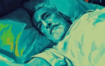 A stylized digital illustration of an older man with a beard lying in bed, staring upwards with a serious expression. The image uses blue and green tones, creating a moody and contemplative atmosphere.