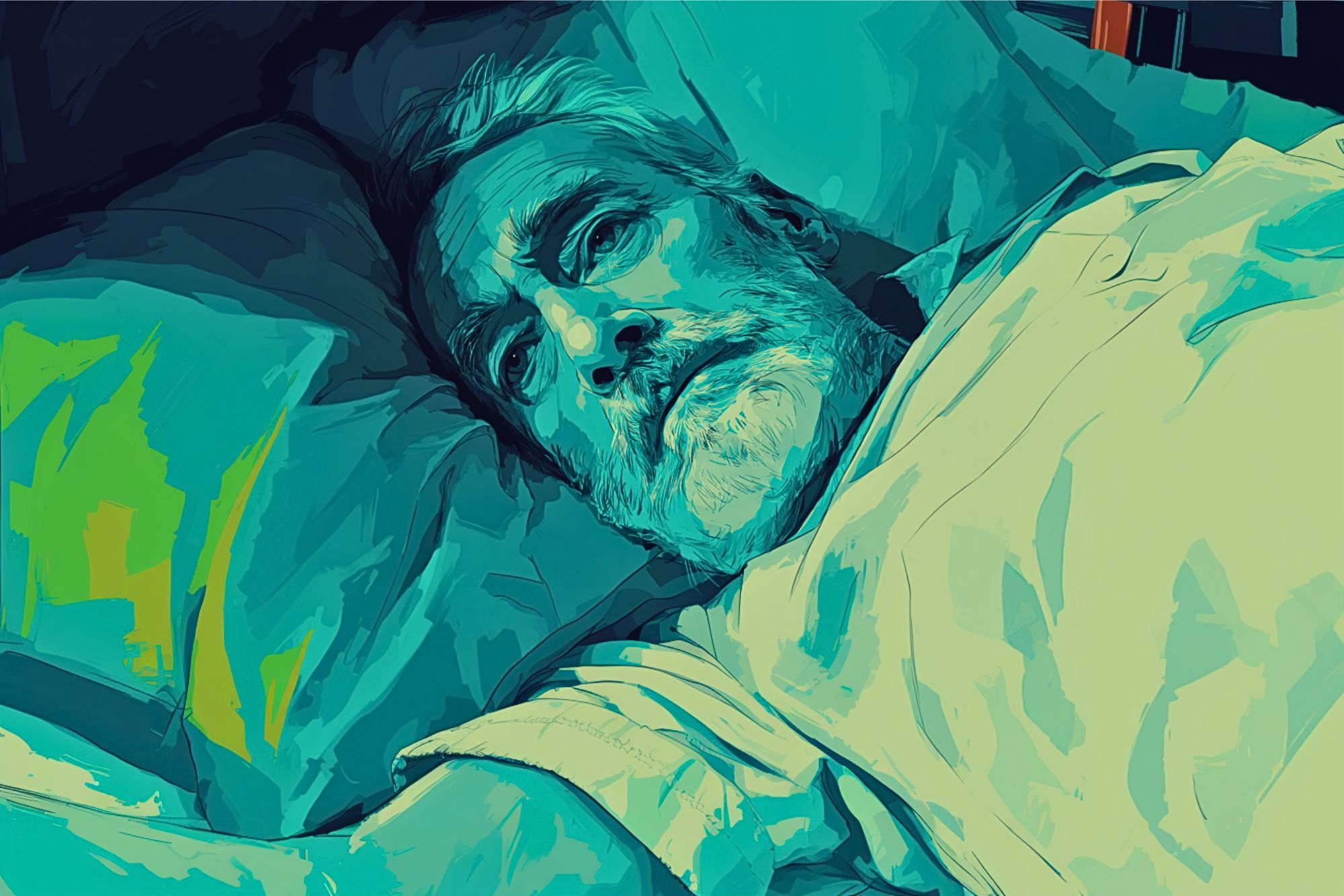 A stylized digital illustration of an older man with a beard lying in bed, staring upwards with a serious expression. The image uses blue and green tones, creating a moody and contemplative atmosphere.