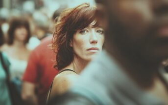 A woman with red hair and fair skin stands in a crowded street, looking directly at the camera with a serious expression. The foreground and background are blurred, highlighting her face.