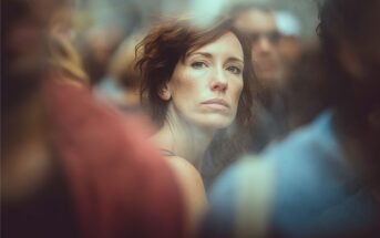 A woman with wavy auburn hair and a serious expression stands among a blurred crowd, looking directly at the camera. The background is out of focus, emphasizing her face.