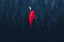 An illustration of a woman in a bright red coat standing out in a crowd of shadowy, darkly colored people. She faces left, illuminated, while the surrounding figures blend into the dark blue background.